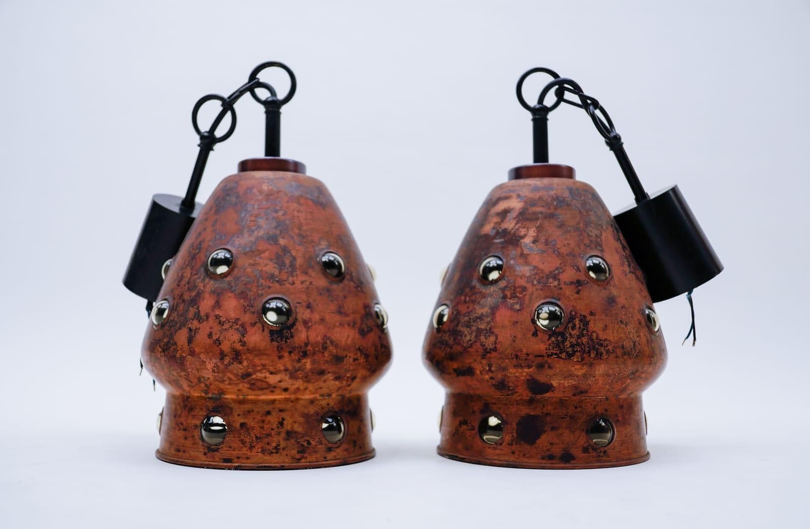 Pair Elegant Mid Century Modern Copper And Glass Bubbles Pendant Lamp, 1960s photo furniture
