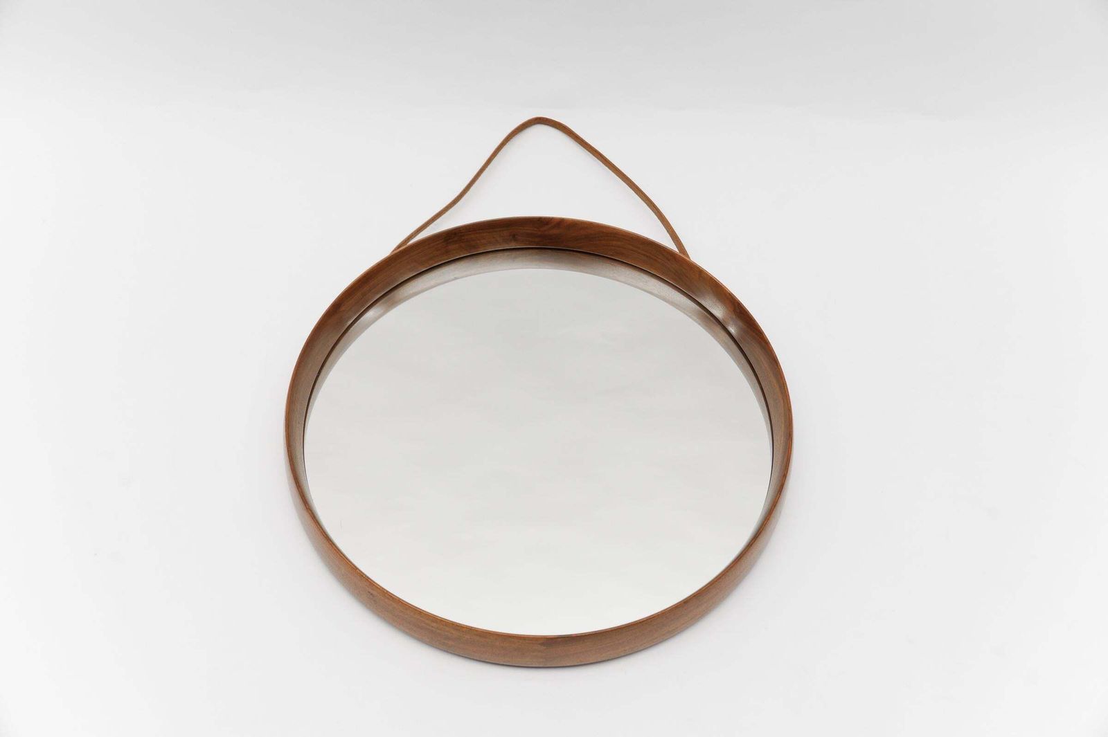 Lovely Round Wall Mirror In Teak And Leather, Sweden 1960s photo furniture