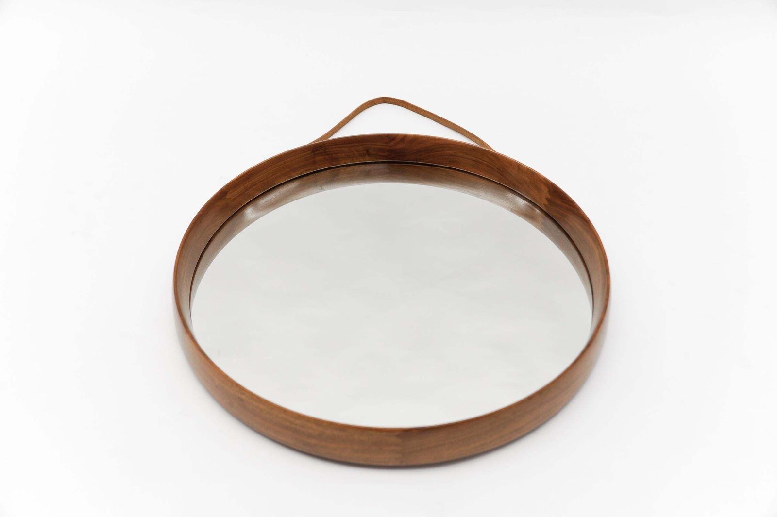 Lovely Round Wall Mirror In Teak And Leather, Sweden 1960s photo for sale