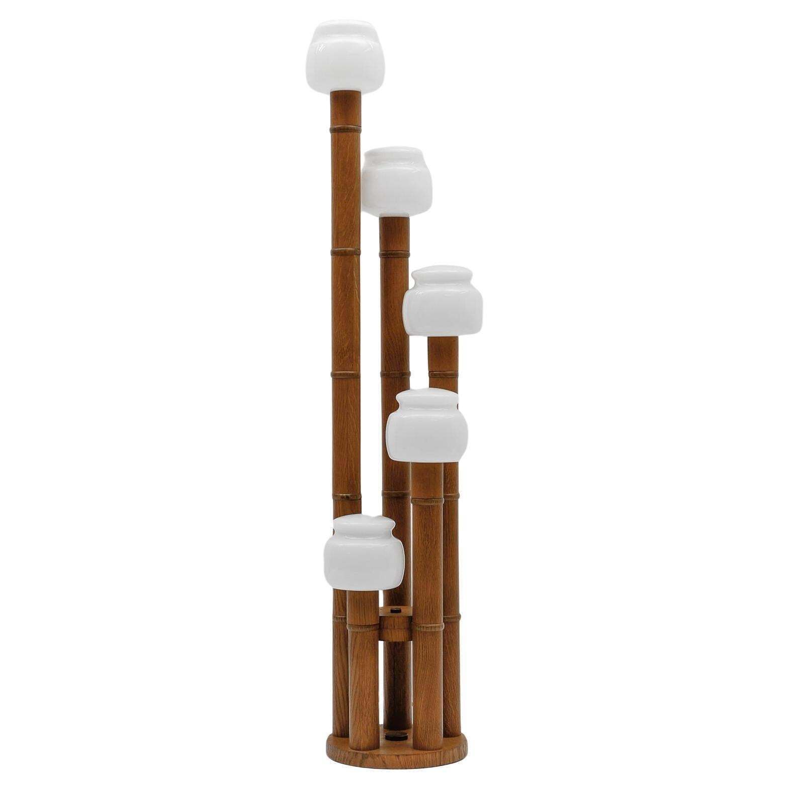 Rare Mid Century Modern Bamboo Floor Lamp With Five Opal Glass Shades, 1960s