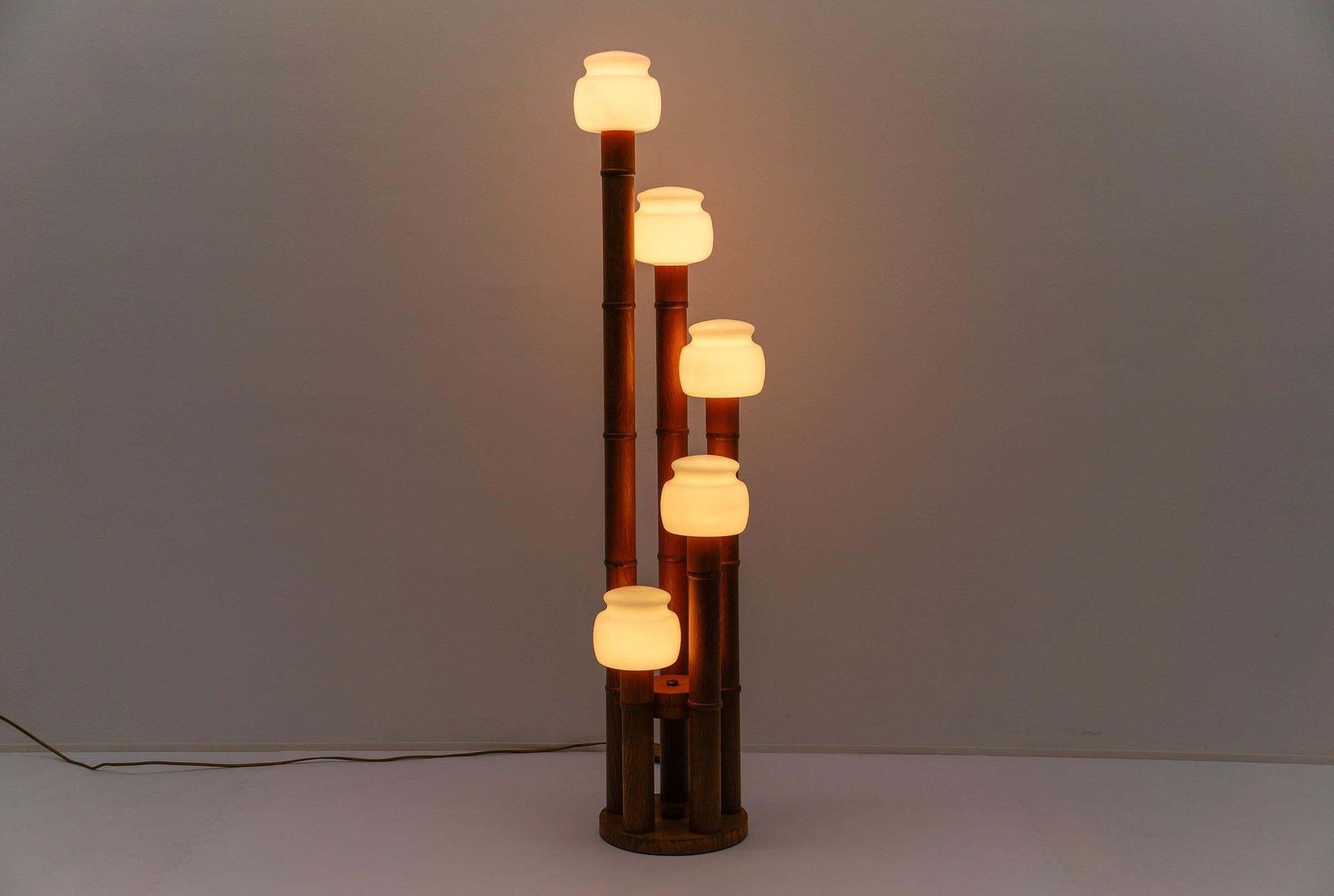 Rare Mid Century Modern Bamboo Floor Lamp With Five Opal Glass Shades, 1960s photo for sale