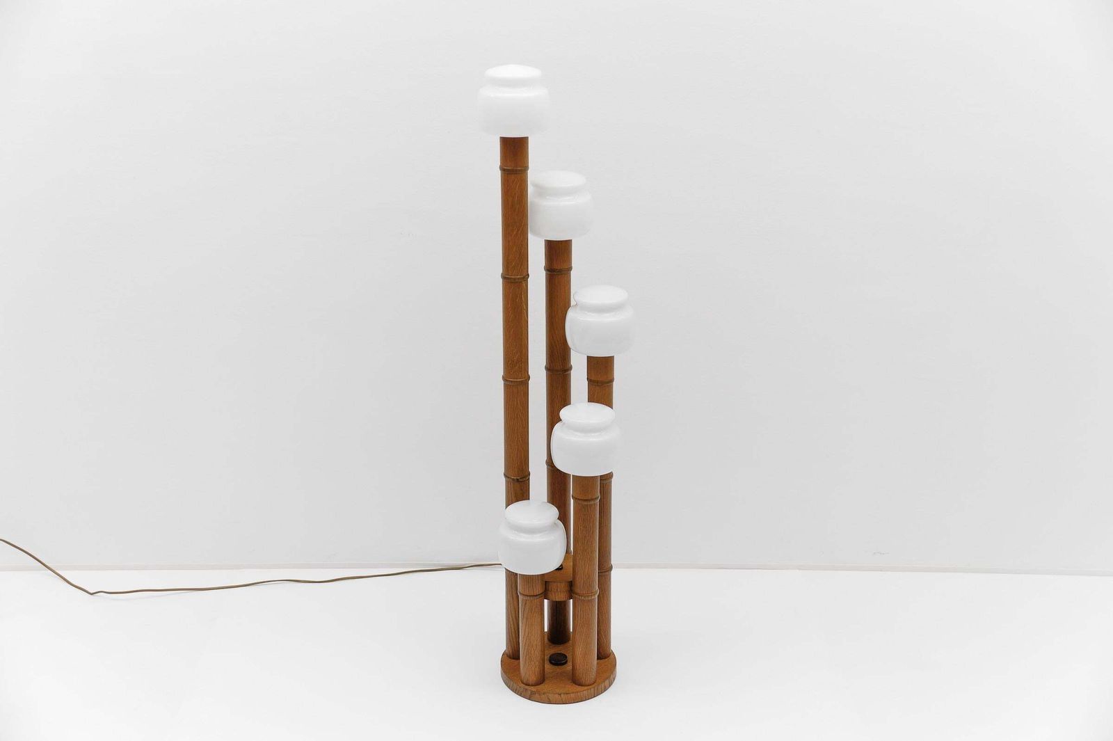 Rare Mid Century Modern Bamboo Floor Lamp With Five Opal Glass Shades, 1960s photo Lighting