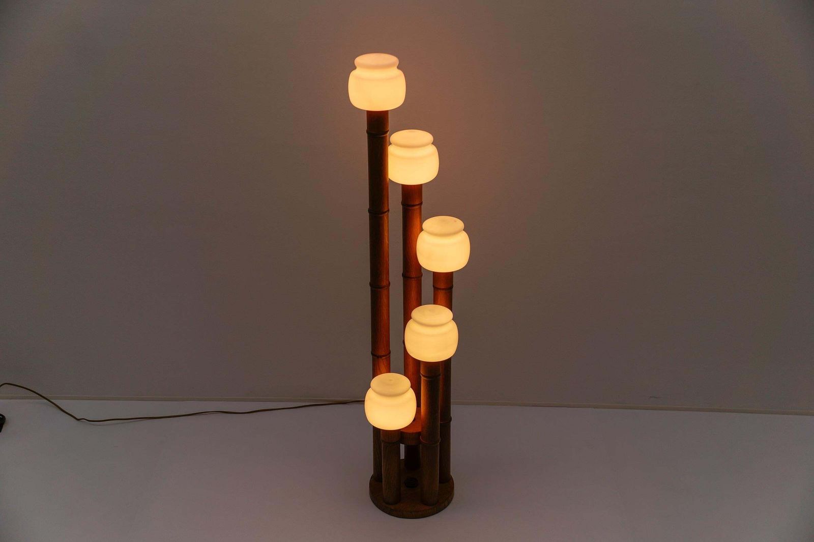 Rare Mid Century Modern Bamboo Floor Lamp With Five Opal Glass Shades, 1960s photo 1274.0