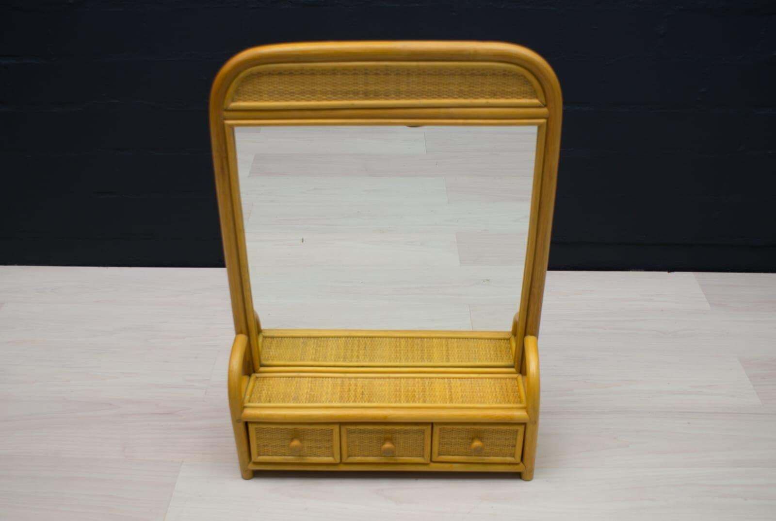 Bathroom Bamboo And Rattan Wall Mirror With Three Drawers, 1960s Italy photo furniture