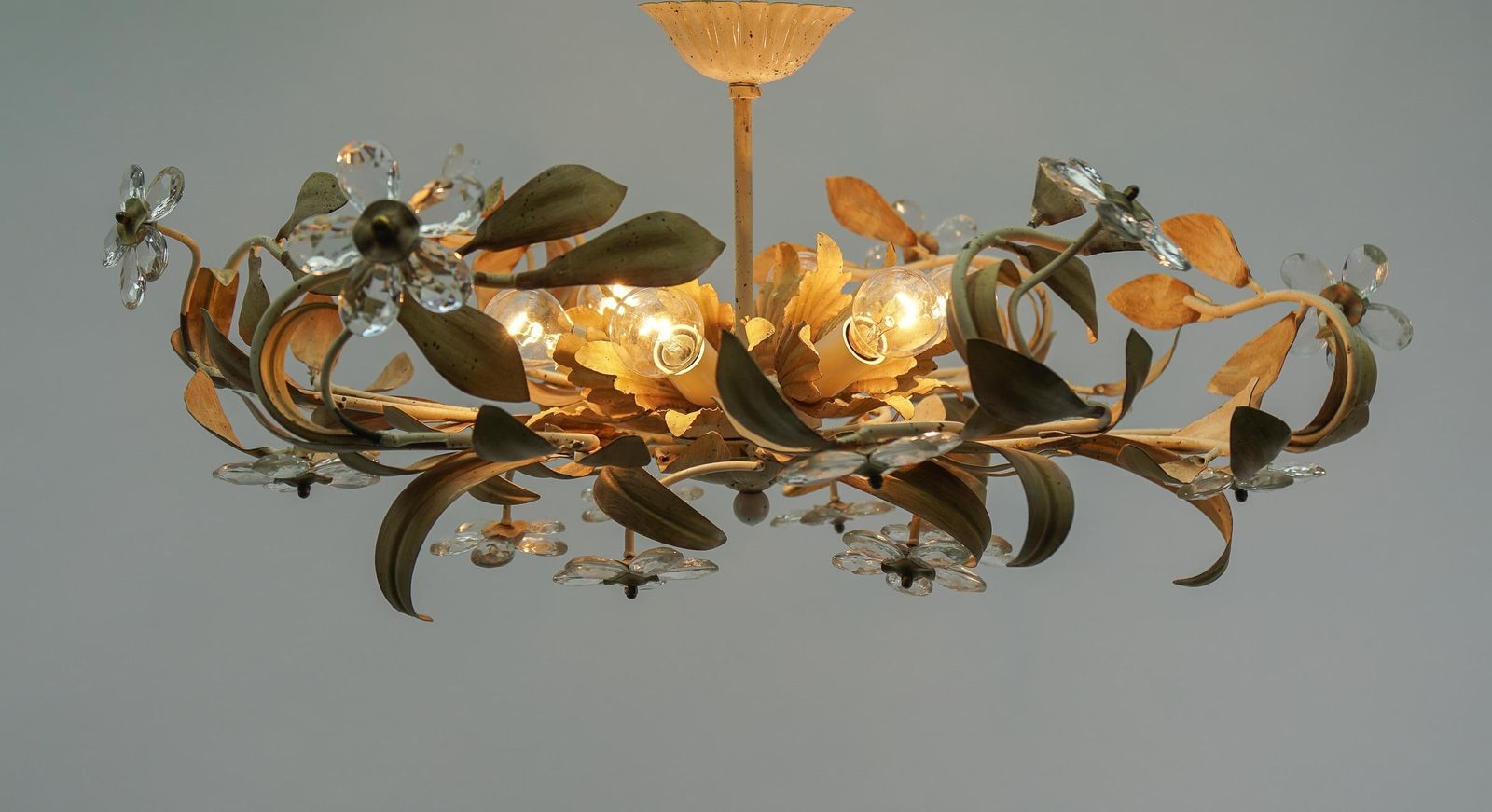 Italian Crystal Glass And Metal Florentine Ceiling Lamp By Banci Firenze, 1960s photo for sale