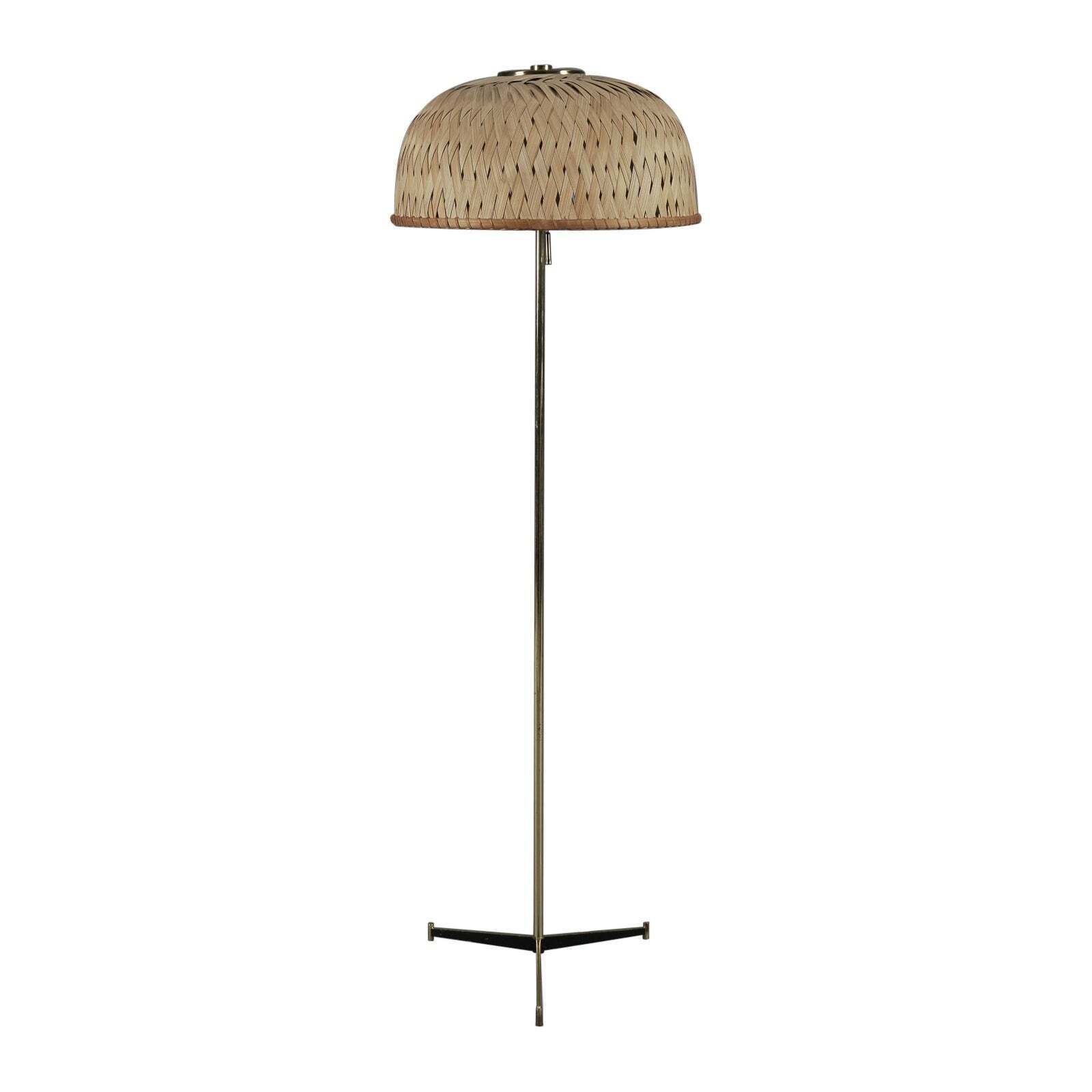 Tripod Floor Lamp In Brass And Wicker Shade, 1950s Italy