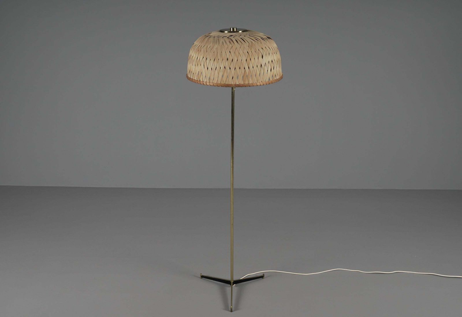 Tripod Floor Lamp In Brass And Wicker Shade, 1950s Italy photo buy