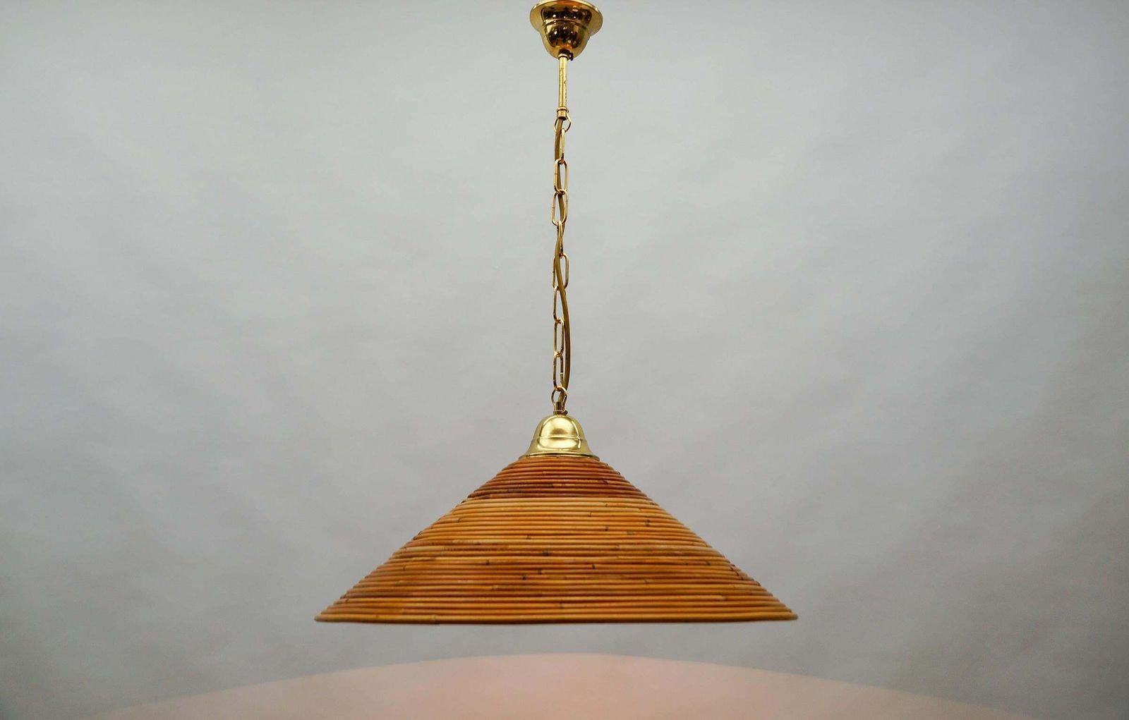 Lovely Mid Century Modern Pendant Light Made In Rattan And Brass , 1950s photo for sale