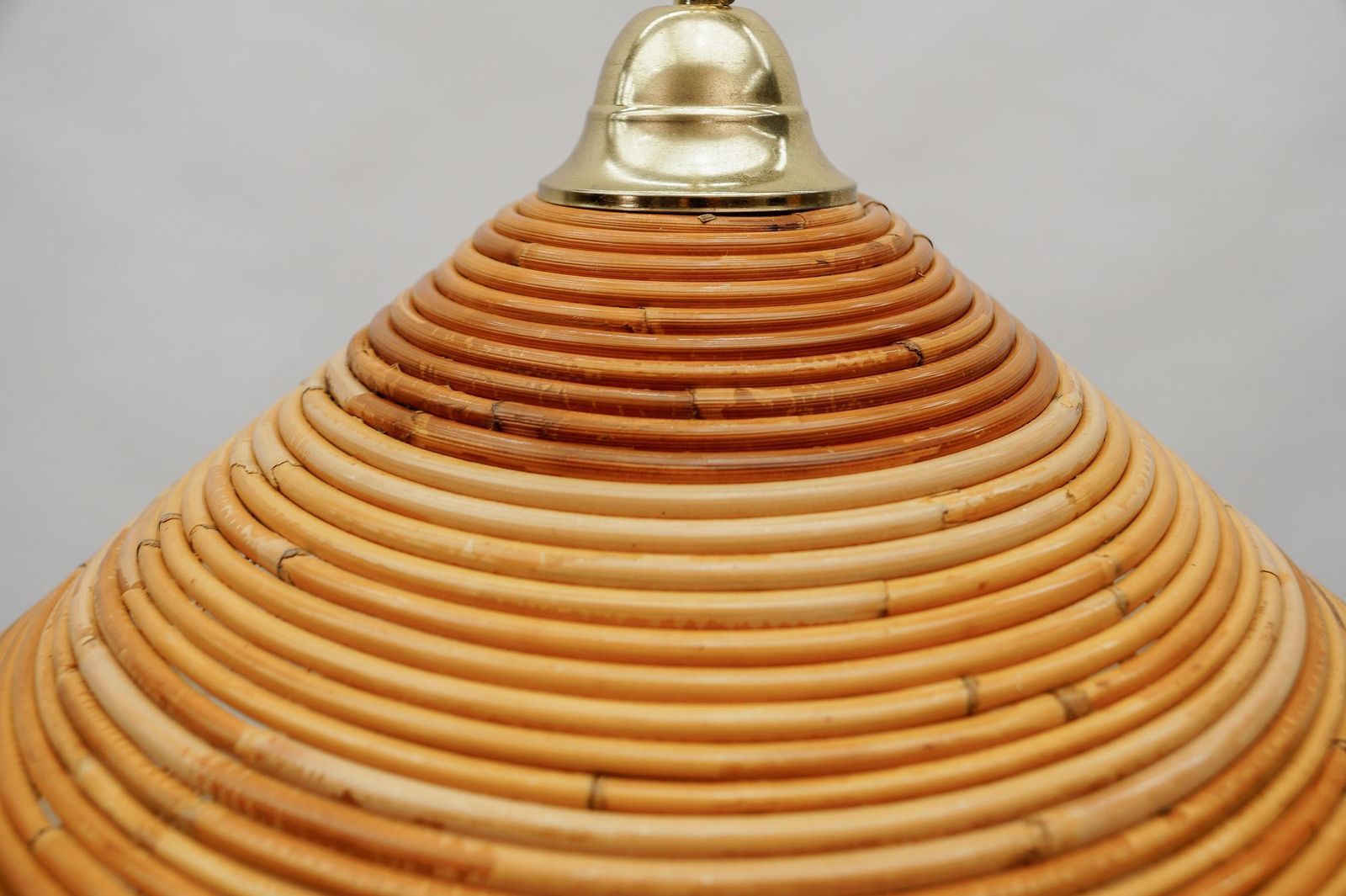 Lovely Mid Century Modern Pendant Light Made In Rattan And Brass , 1950s photo buy