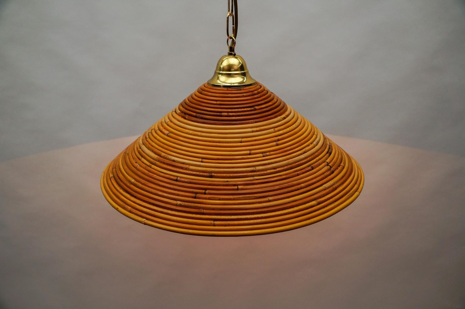 Lighting Lovely Mid Century Modern Pendant Light Made In Rattan And Brass , 1950s photo
