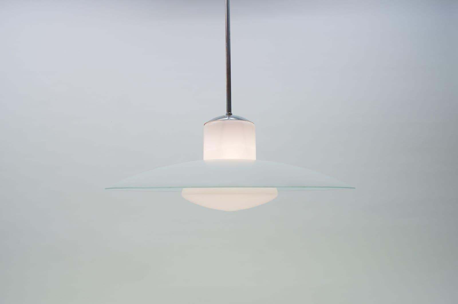 Bauhaus Double Opal And Frosted Glass Shade Ceiling Lamp From Doria, 1940s photo Lighting