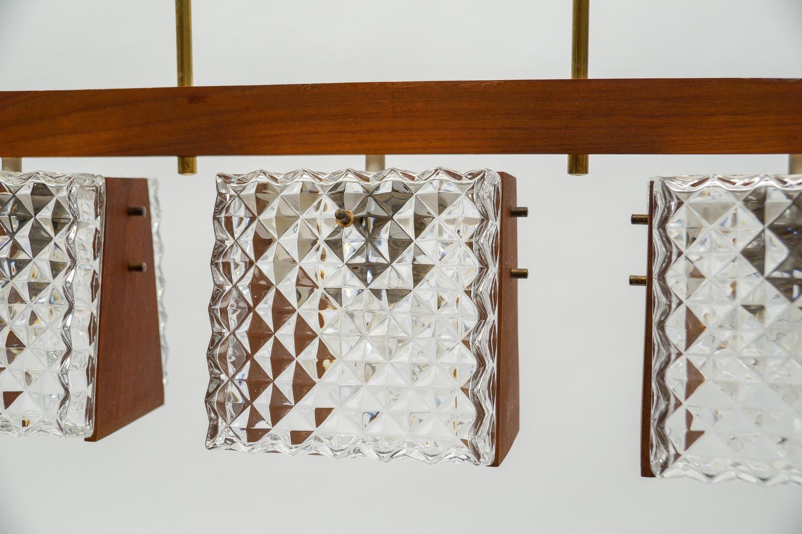 photo for sale Scandinavian Ceiling Lamp Made In Teak, Crystal Glass And Brass, 1960s, 1960s
