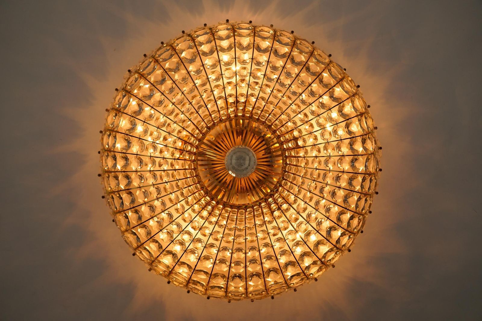 Ceiling Lamp With Glass Stones And Flowers Brass Frame Vereinigte Werkstätten photo vintage