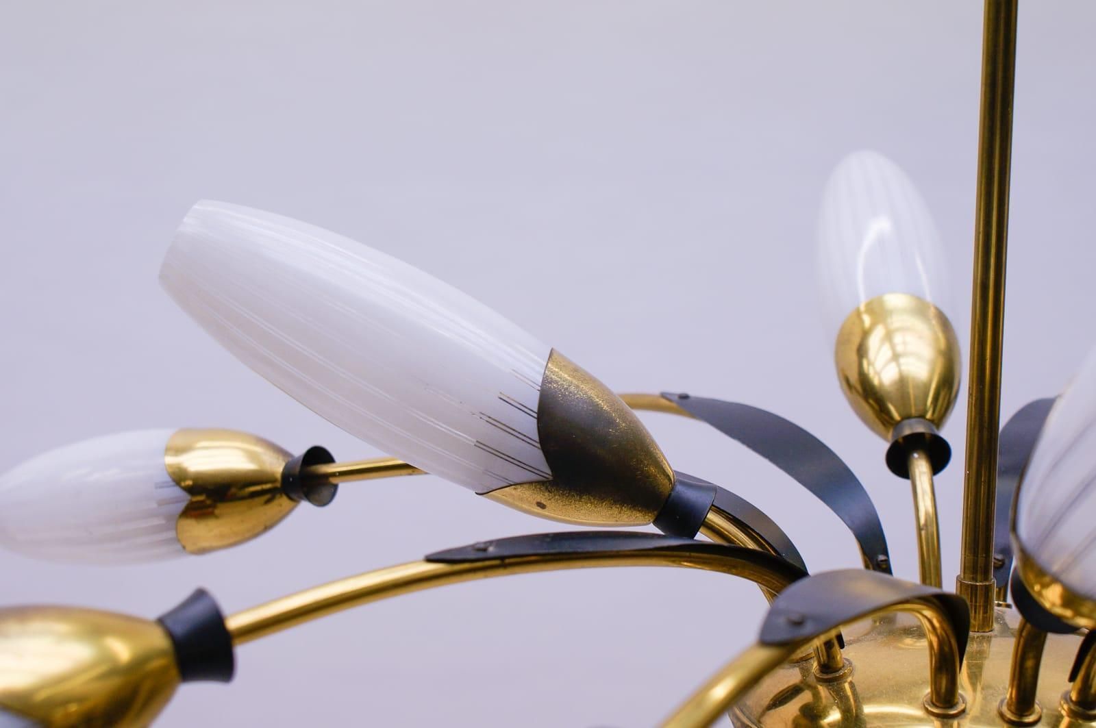 photo for sale Mid Century Italian Brass And Glass 12 Arm Sputnik Ceiling Lamp, 1950s
