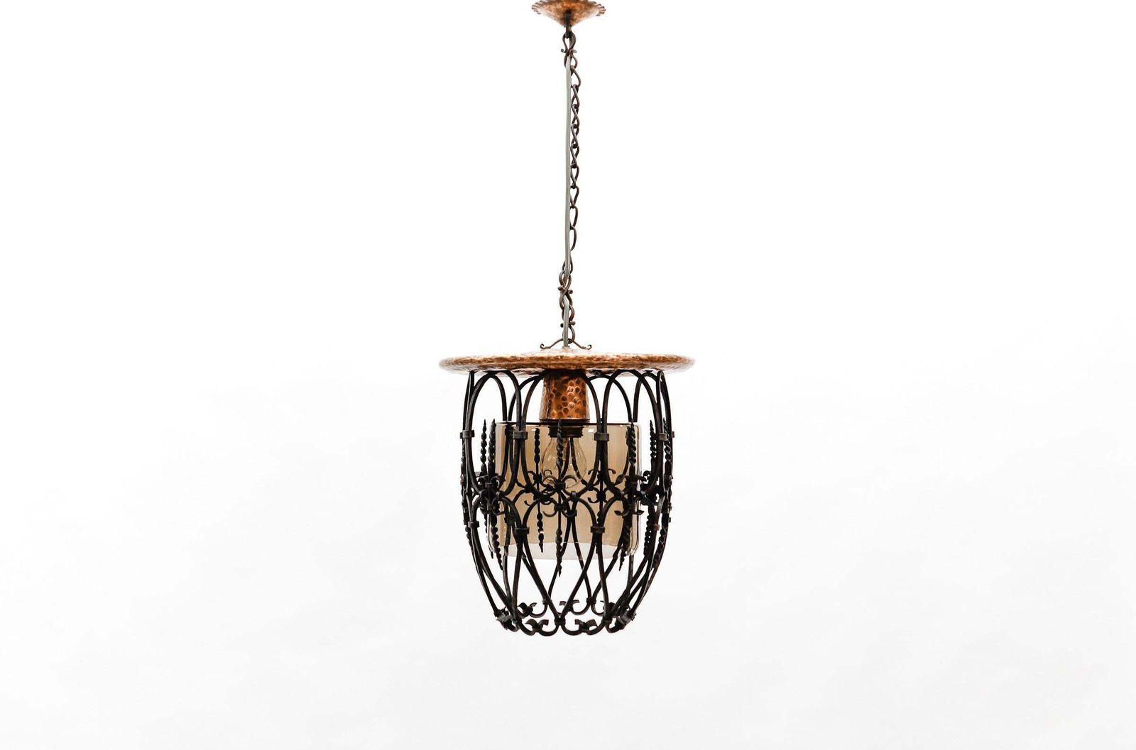 Mid Century Modern Ceiling Lamp Made In Iron, Copper And Glass, 1950s photo furniture