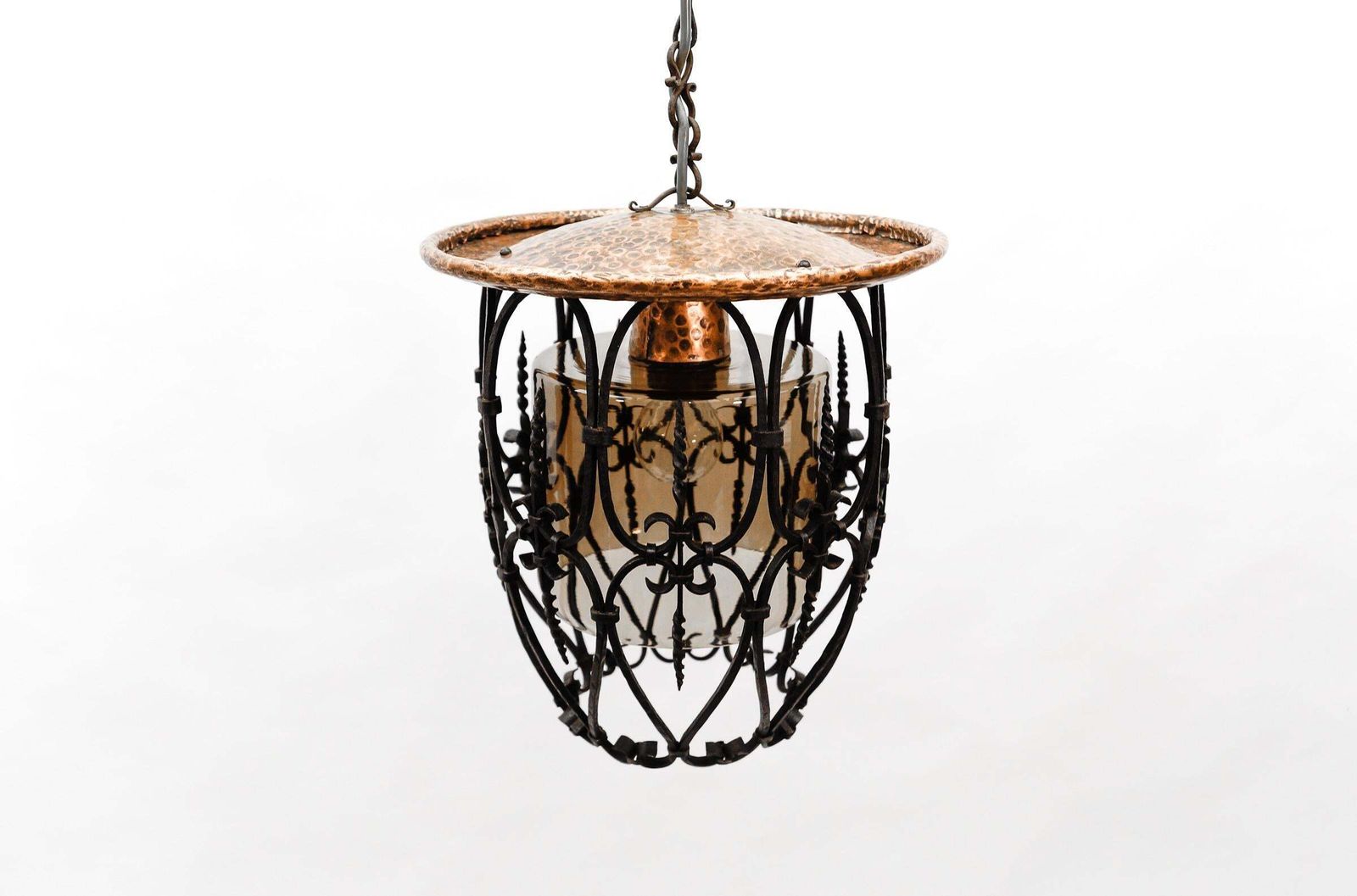 Mid Century Modern Ceiling Lamp Made In Iron, Copper And Glass, 1950s photo for sale
