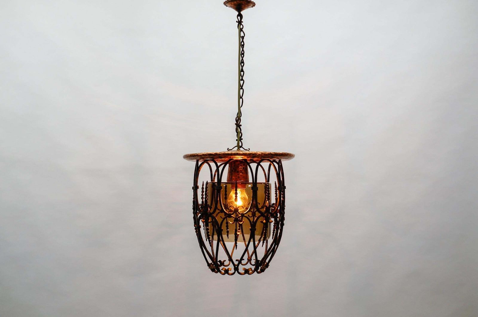 photo furniture Mid Century Modern Ceiling Lamp Made In Iron, Copper And Glass, 1950s