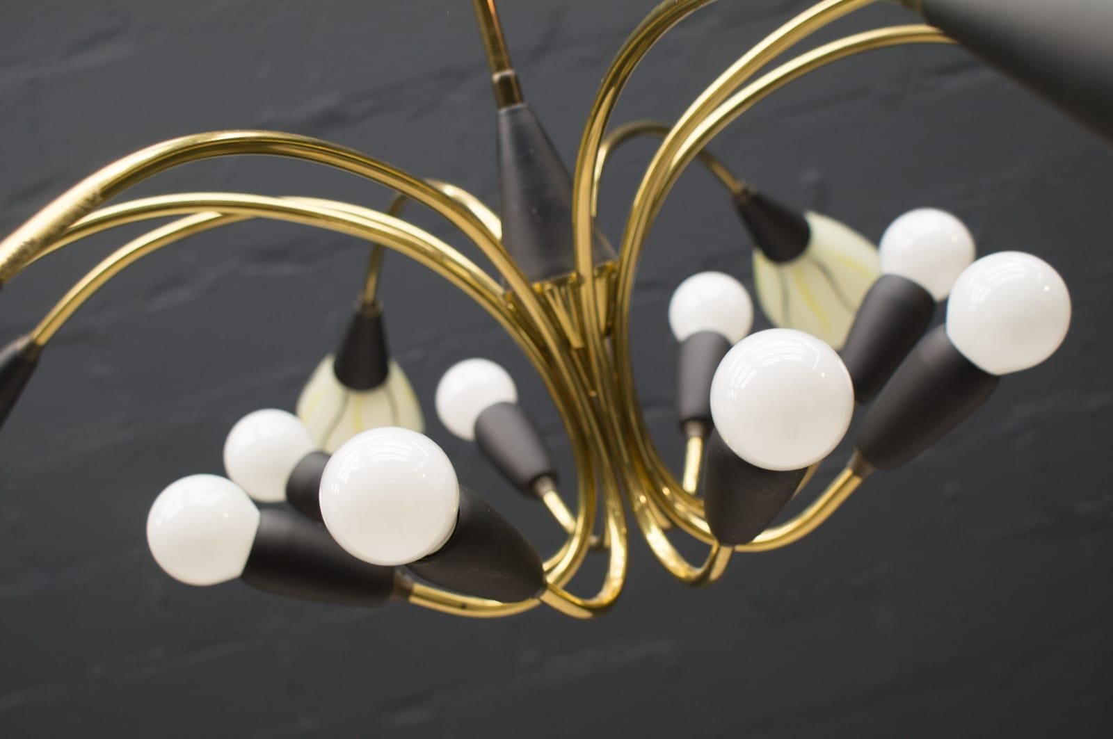 Lighting Mid Century Modern 16 Armed Brass And Glass Sputnik Lamp, 1950s photo