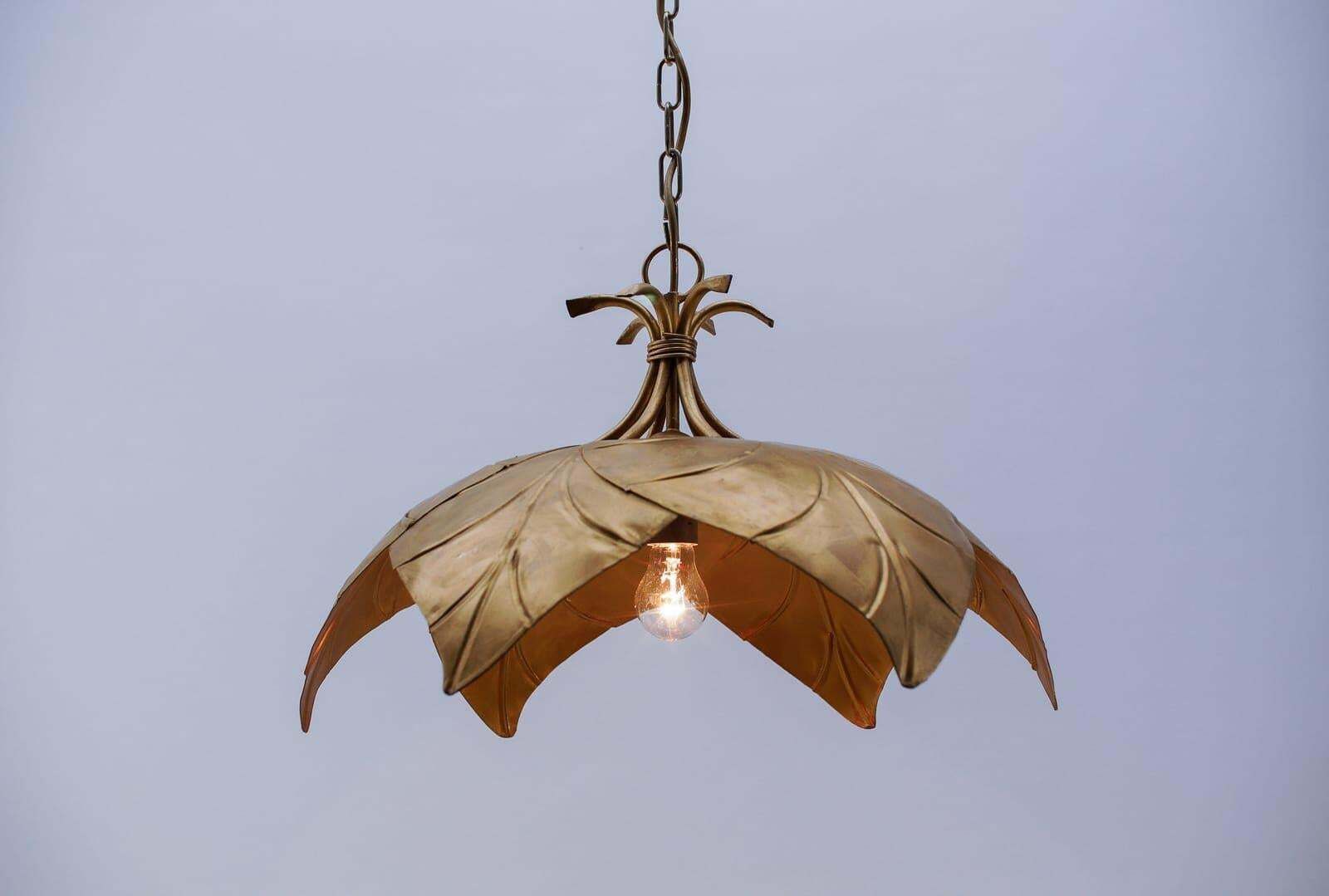 Stunning Golden Metal Leaf Pendant Lamp In Hollywood Regency From Leola 1960s photo vinterior