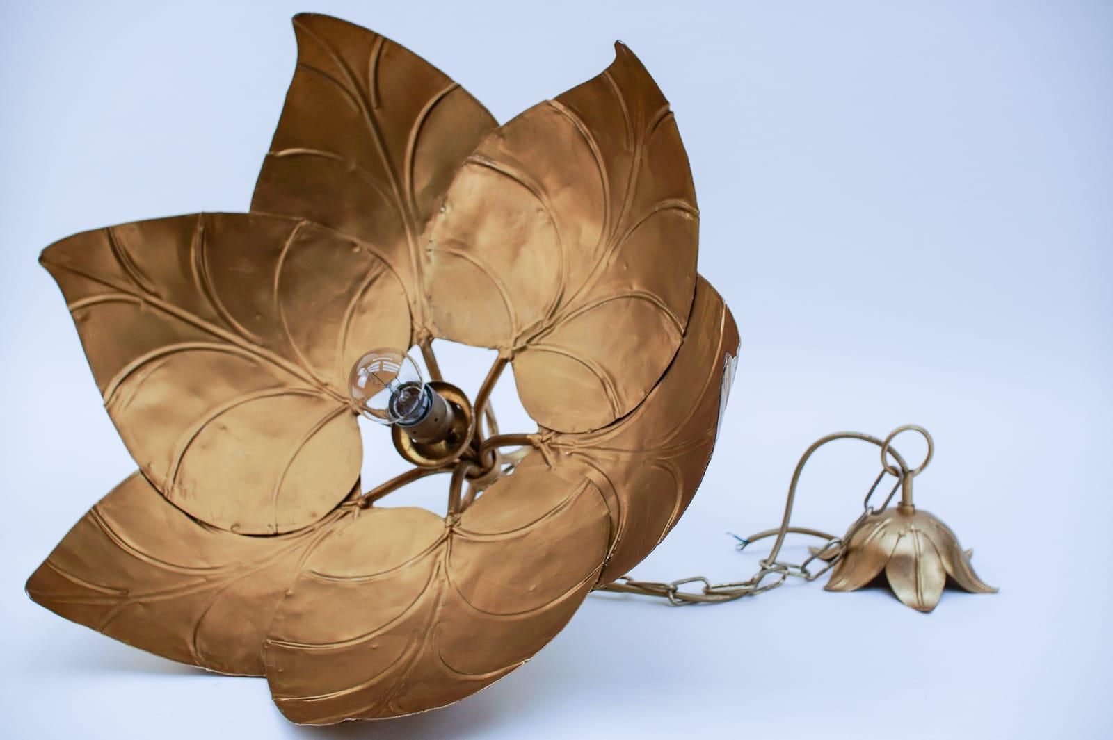 Lighting Stunning Golden Metal Leaf Pendant Lamp In Hollywood Regency From Leola 1960s photo