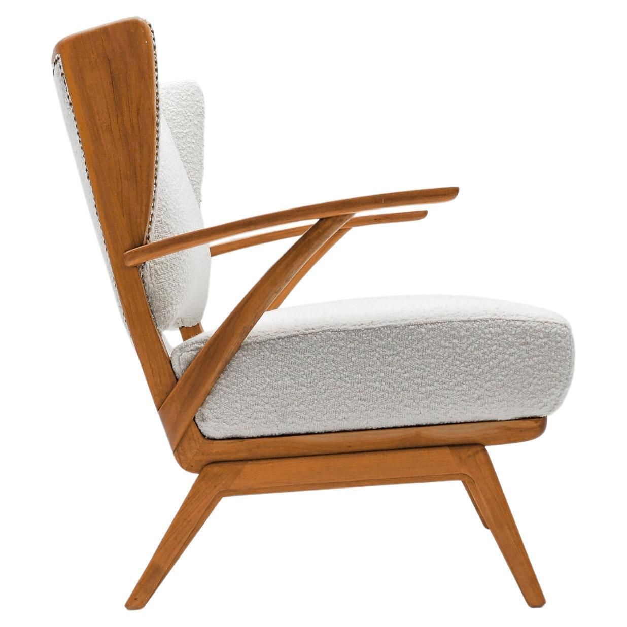 White Boucle Fabric And Wooden Wingback Armchair, Italy, 1950s