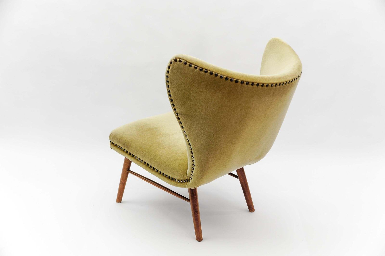Lovely Mid Century Modern Green Italian Wood & Fabric Wingback Armchair, 1950s photo vinterior