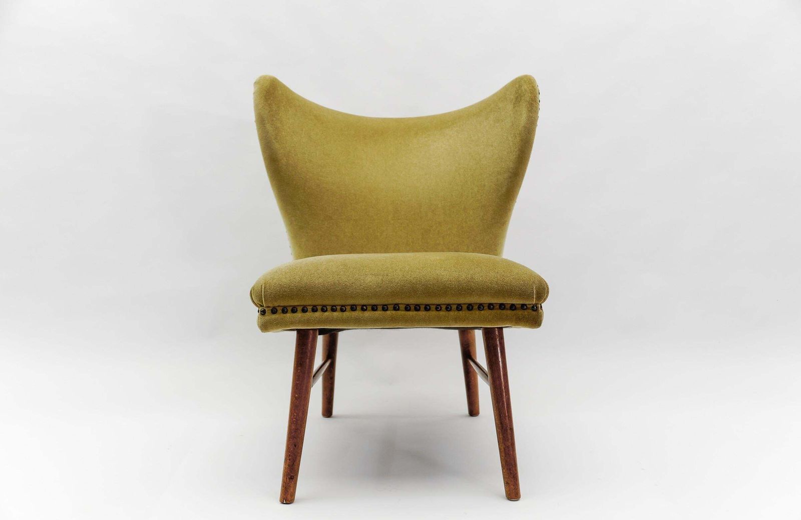 Lovely Mid Century Modern Green Italian Wood & Fabric Wingback Armchair, 1950s photo buy
