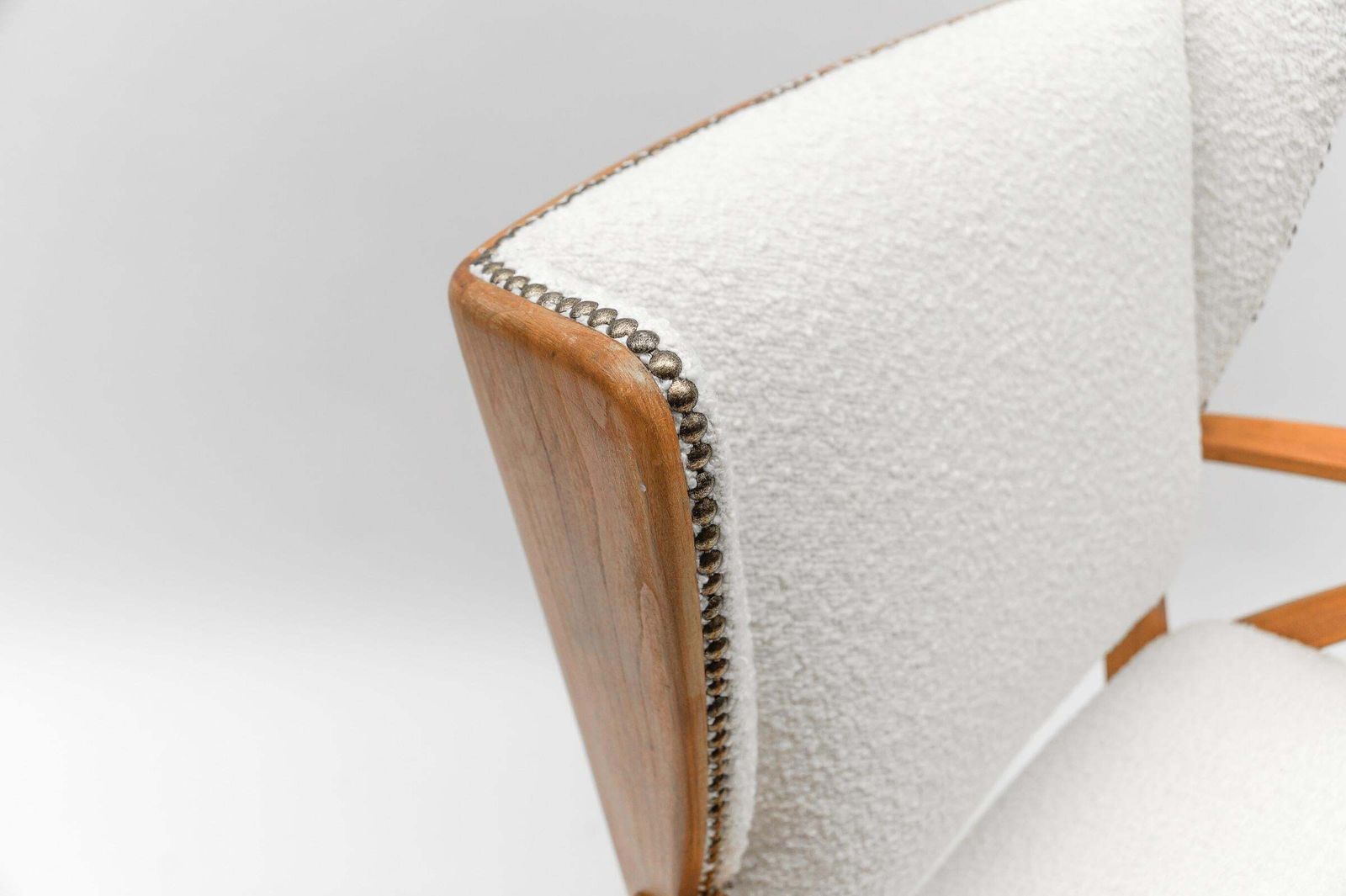 Furniture White Boucle Fabric And Wooden Wingback Armchair, Italy, 1950s photo