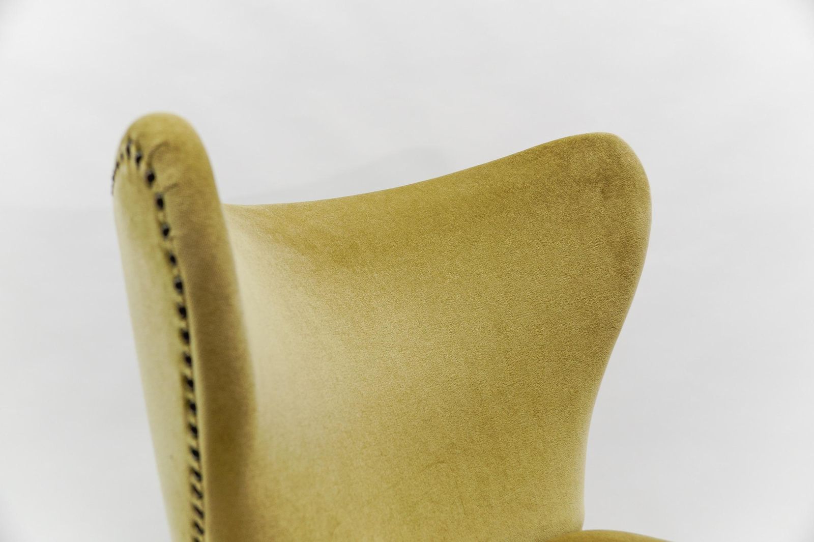 photo for sale Lovely Mid Century Modern Green Italian Wood & Fabric Wingback Armchair, 1950s