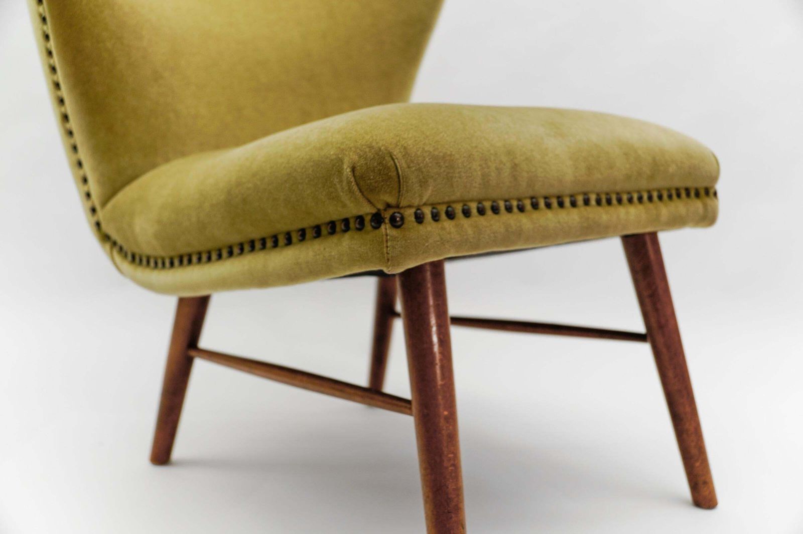 Furniture Lovely Mid Century Modern Green Italian Wood & Fabric Wingback Armchair, 1950s photo