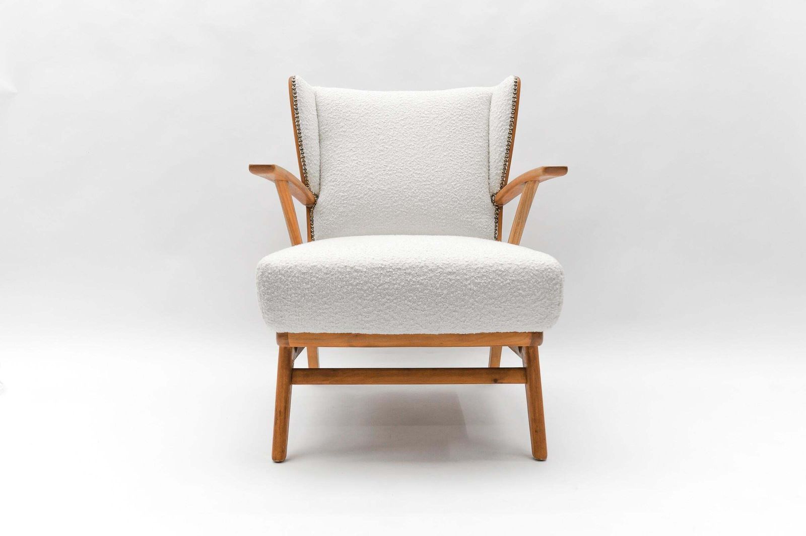 White Boucle Fabric And Wooden Wingback Armchair, Italy, 1950s photo Furniture