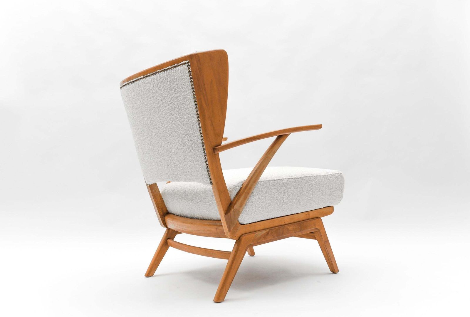 White Boucle Fabric And Wooden Wingback Armchair, Italy, 1950s photo buy