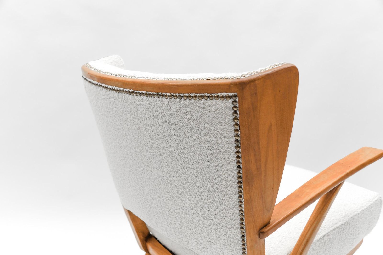 White Boucle Fabric And Wooden Wingback Armchair, Italy, 1950s photo vintage