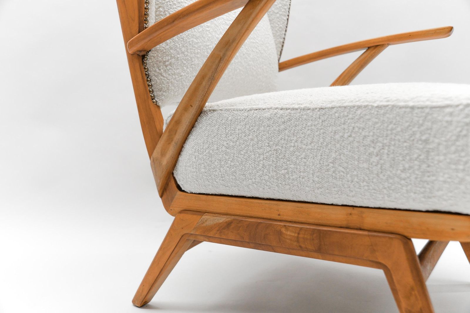 Furniture White Boucle Fabric And Wooden Wingback Armchair, Italy, 1950s photo