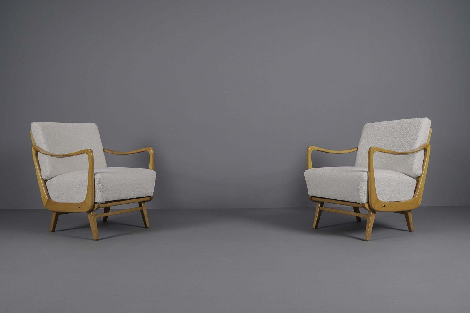 Pair Of Wooden Armchairs In White Boucle Fabric, 1950s photo furniture