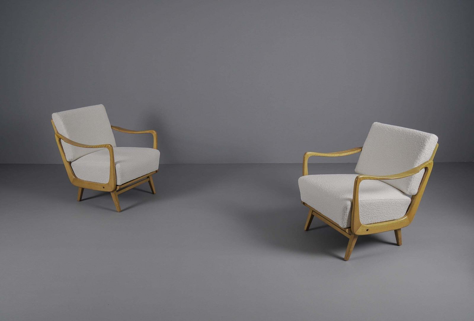 Pair Of Wooden Armchairs In White Boucle Fabric, 1950s photo for sale