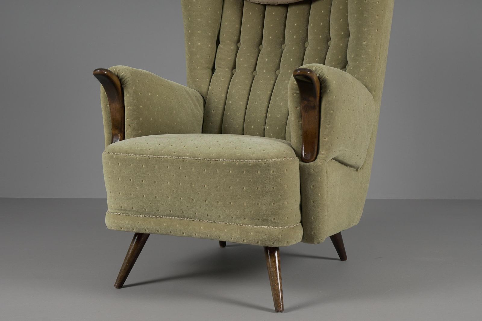 photo vintage Large Green Italian Wood & Fabric Wingback Armchair, 1950s