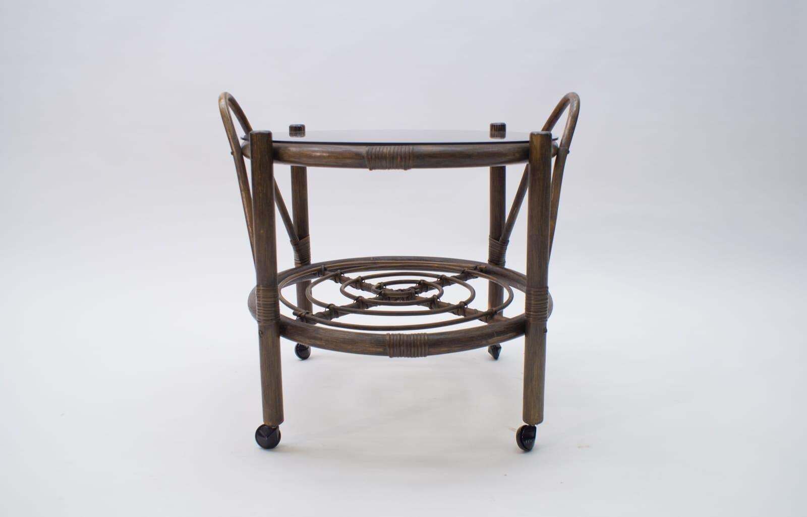 Italian Riviera Bamboo And Rattan Bar Cart Serving Trolley, 1960s photo for sale