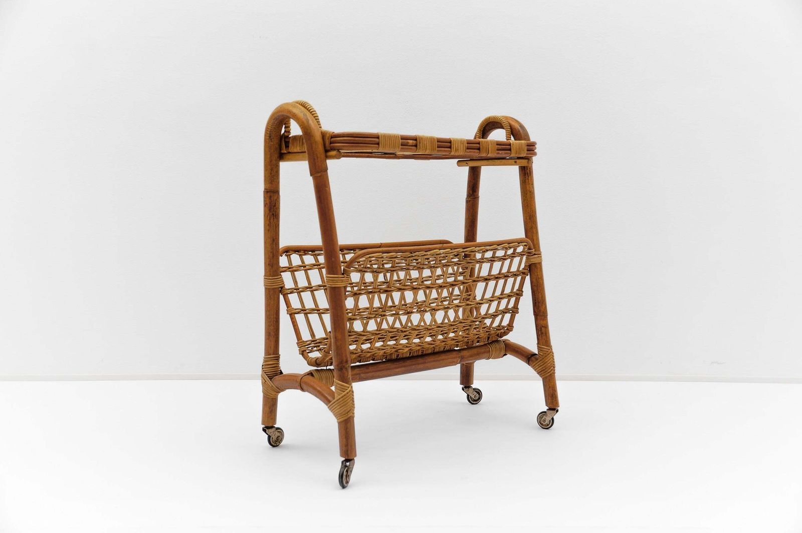 Italian Riviera Bamboo And Rattan Bar Cart Serving Trolley, 1950s photo for sale