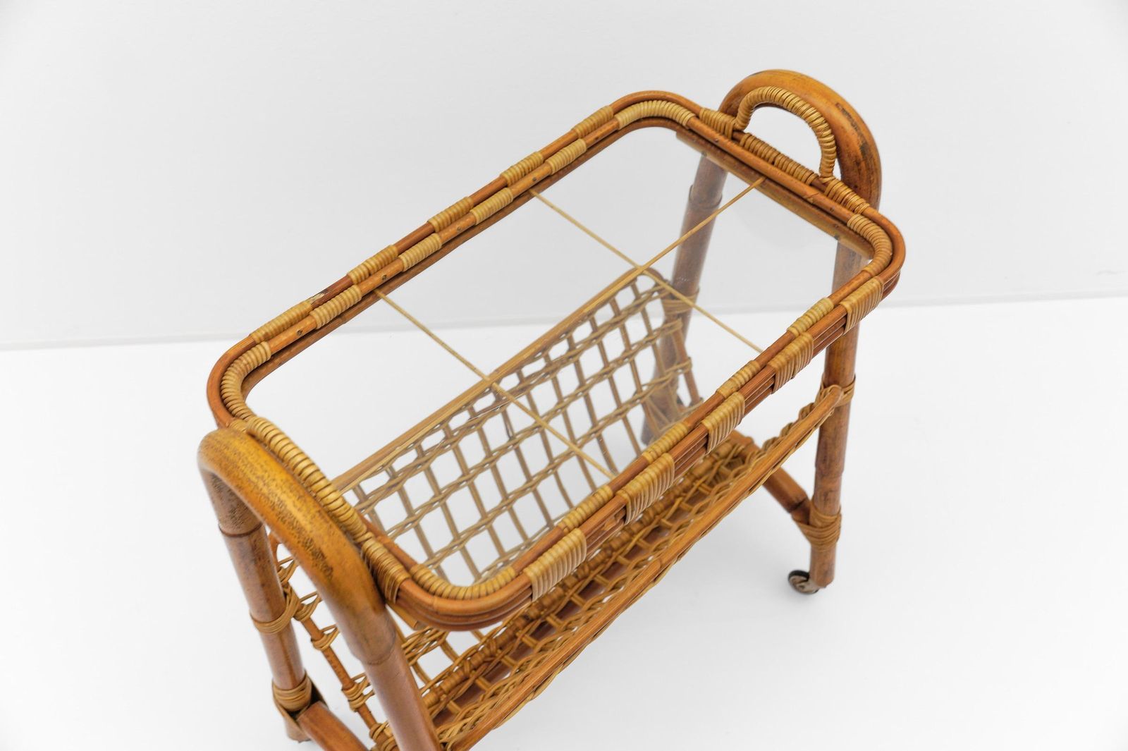 Italian Riviera Bamboo And Rattan Bar Cart Serving Trolley, 1950s photo vinterior