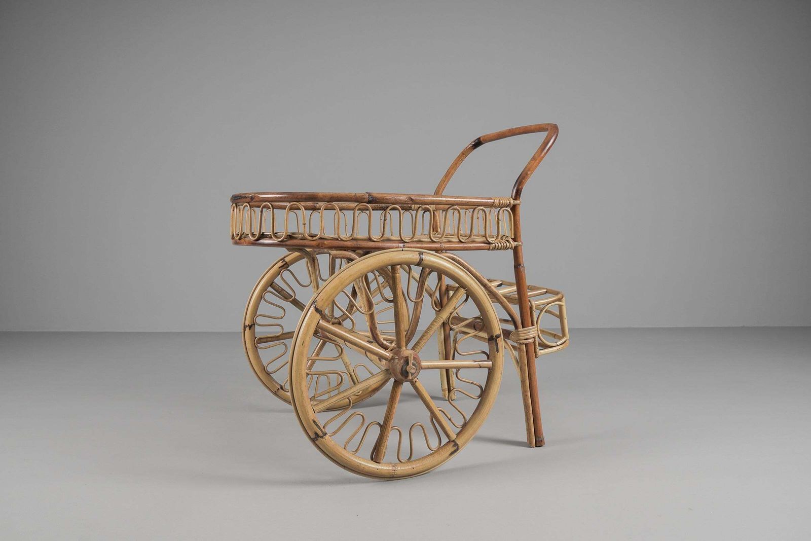 Italian Bamboo And Rattan Bar Cart Serving Trolley, 1950s photo furniture