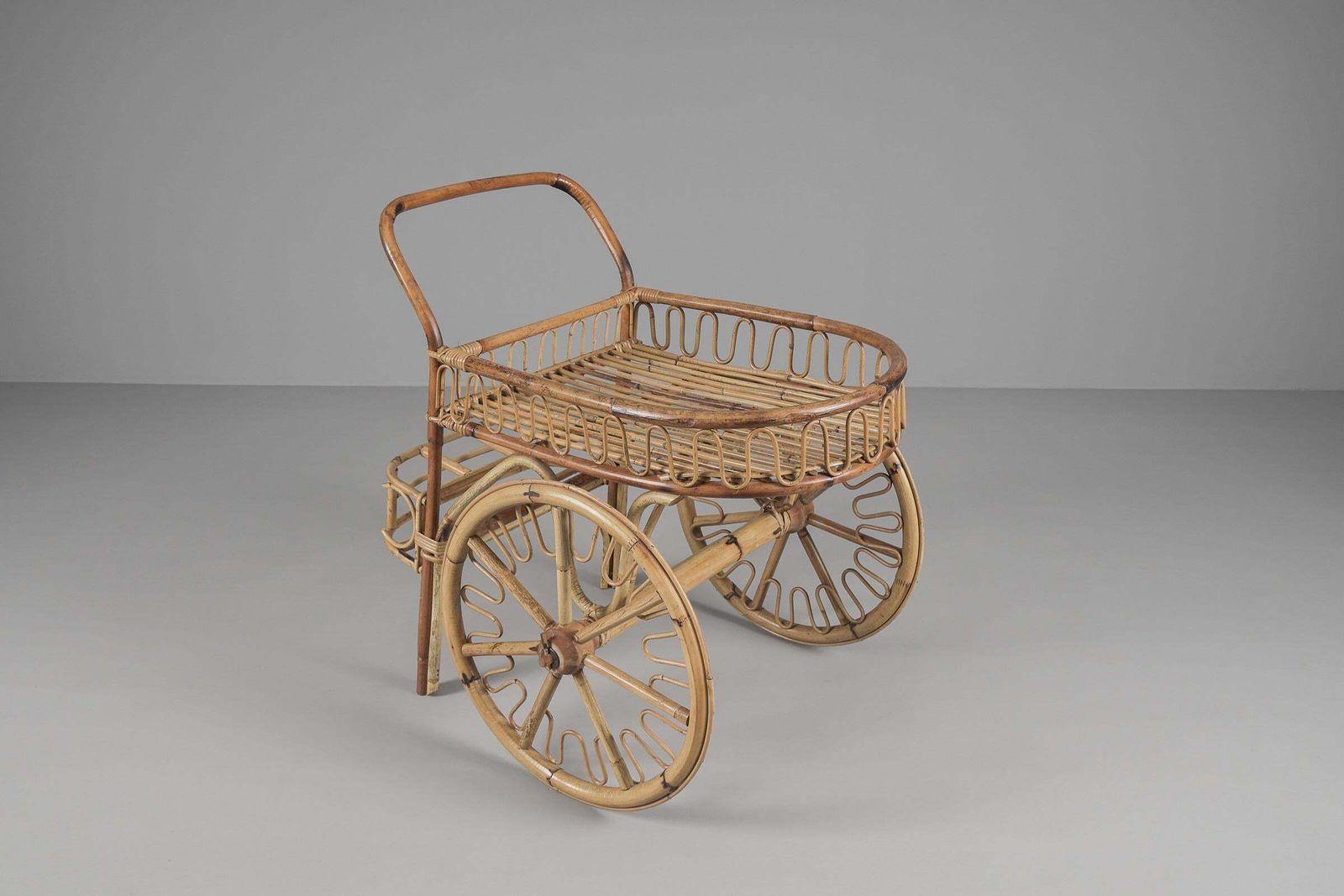 Italian Bamboo And Rattan Bar Cart Serving Trolley, 1950s photo 1274.0