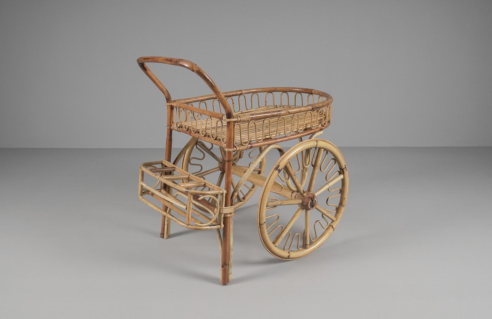 Italian Bamboo And Rattan Bar Cart Serving Trolley, 1950s photo vinterior