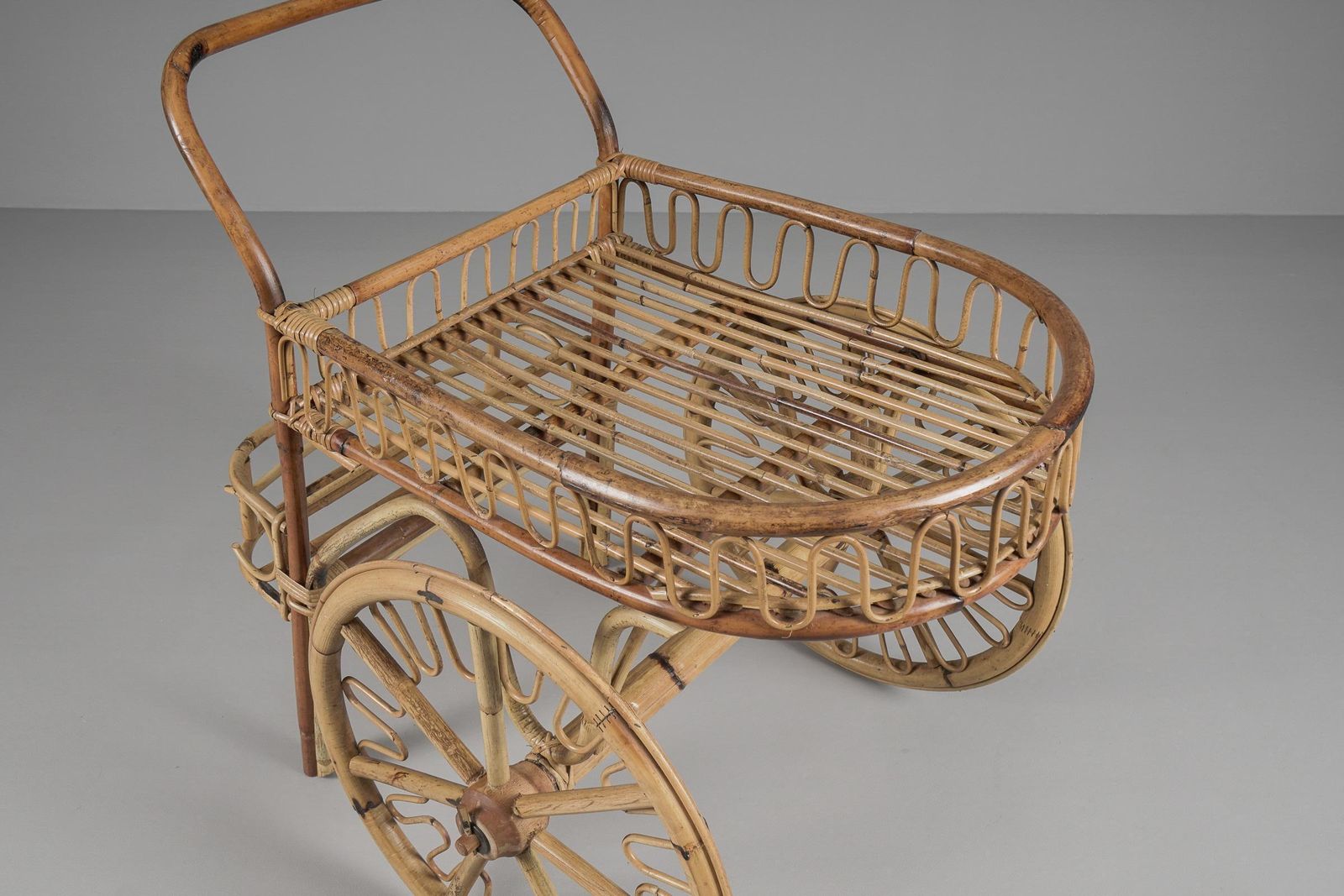 Italian Bamboo And Rattan Bar Cart Serving Trolley, 1950s photo buy