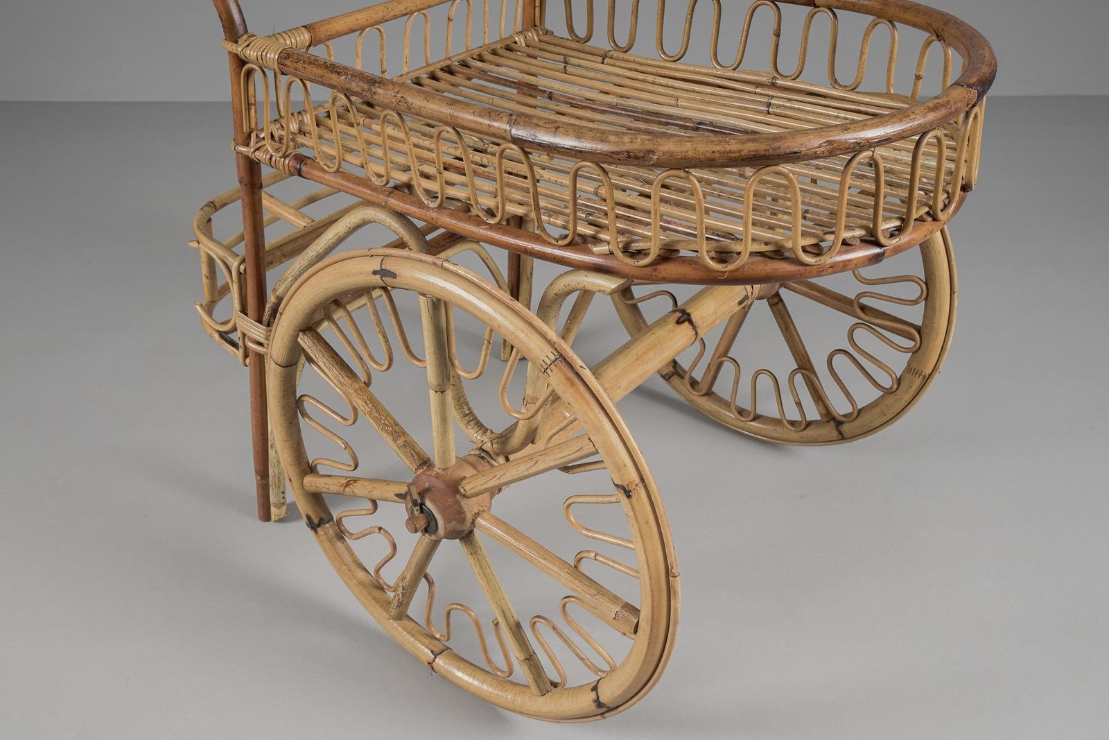 Italian Bamboo And Rattan Bar Cart Serving Trolley, 1950s photo vintage
