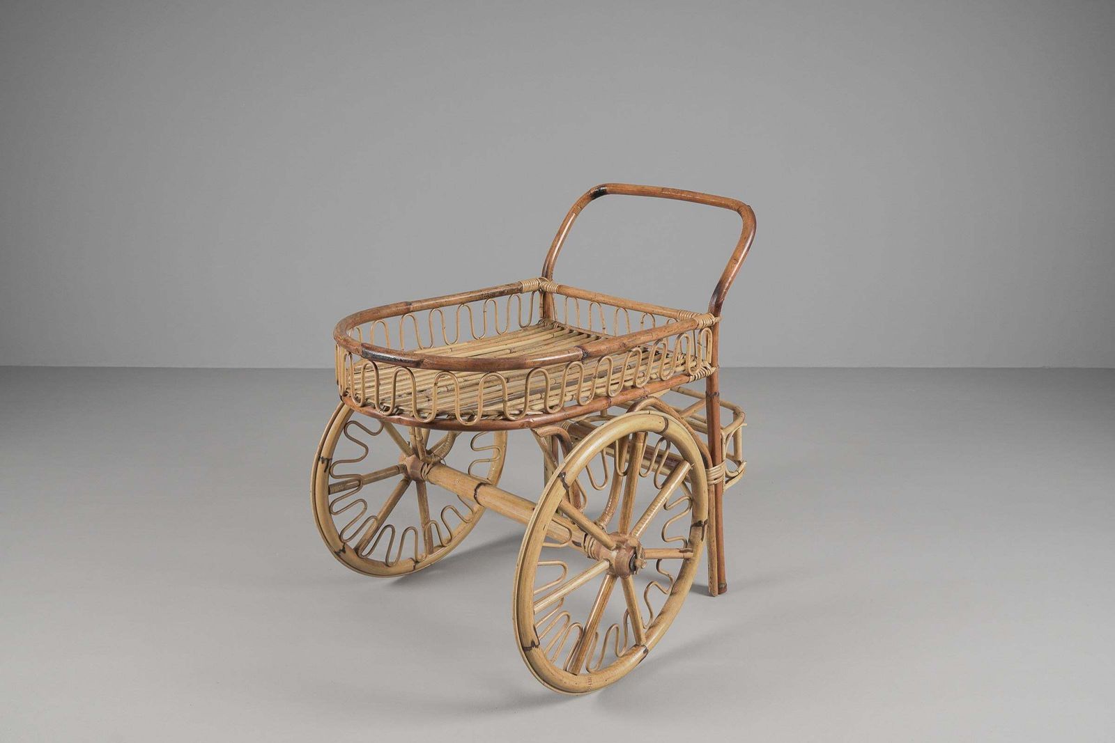 photo furniture Italian Bamboo And Rattan Bar Cart Serving Trolley, 1950s