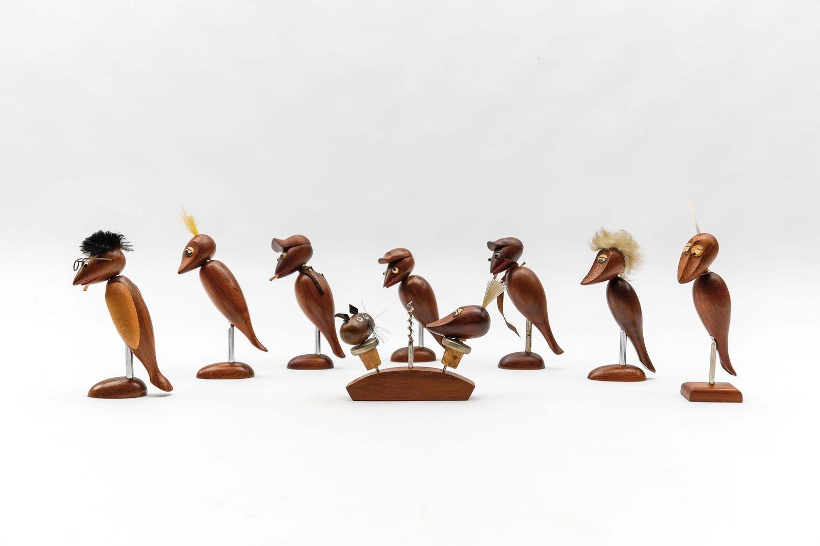Lovely Set Of 7 Scandinavian Wooden Woodpecker Corkscrews, 1960s photo furniture
