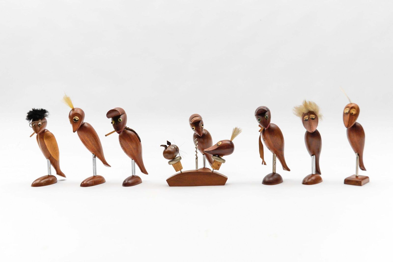 Lovely Set Of 7 Scandinavian Wooden Woodpecker Corkscrews, 1960s photo Home Decor