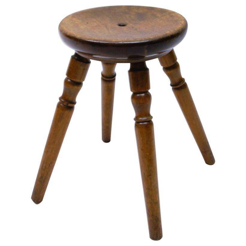 Mid Century Modern French Primitive 4 Legs Wooden Stool, 1950s