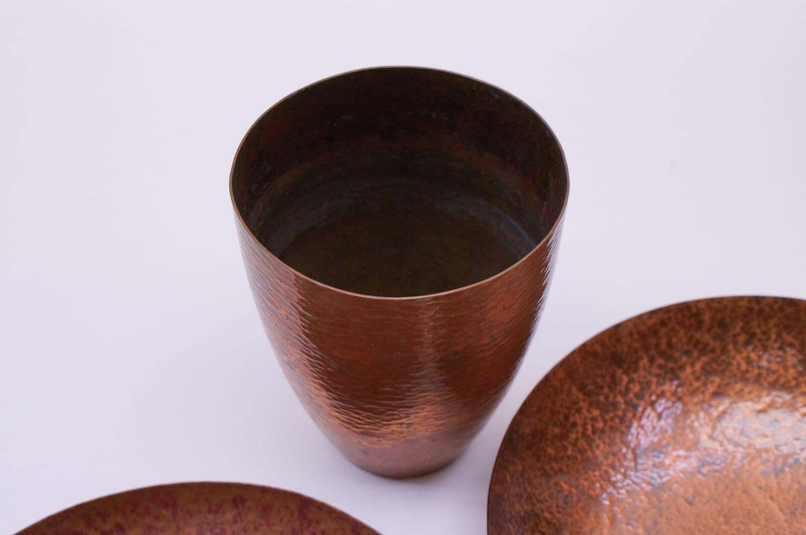 Set Of Two Unique Copper Hand Beaten Bowls And One Vase By Bunge, Germany, 1950s photo vinterior